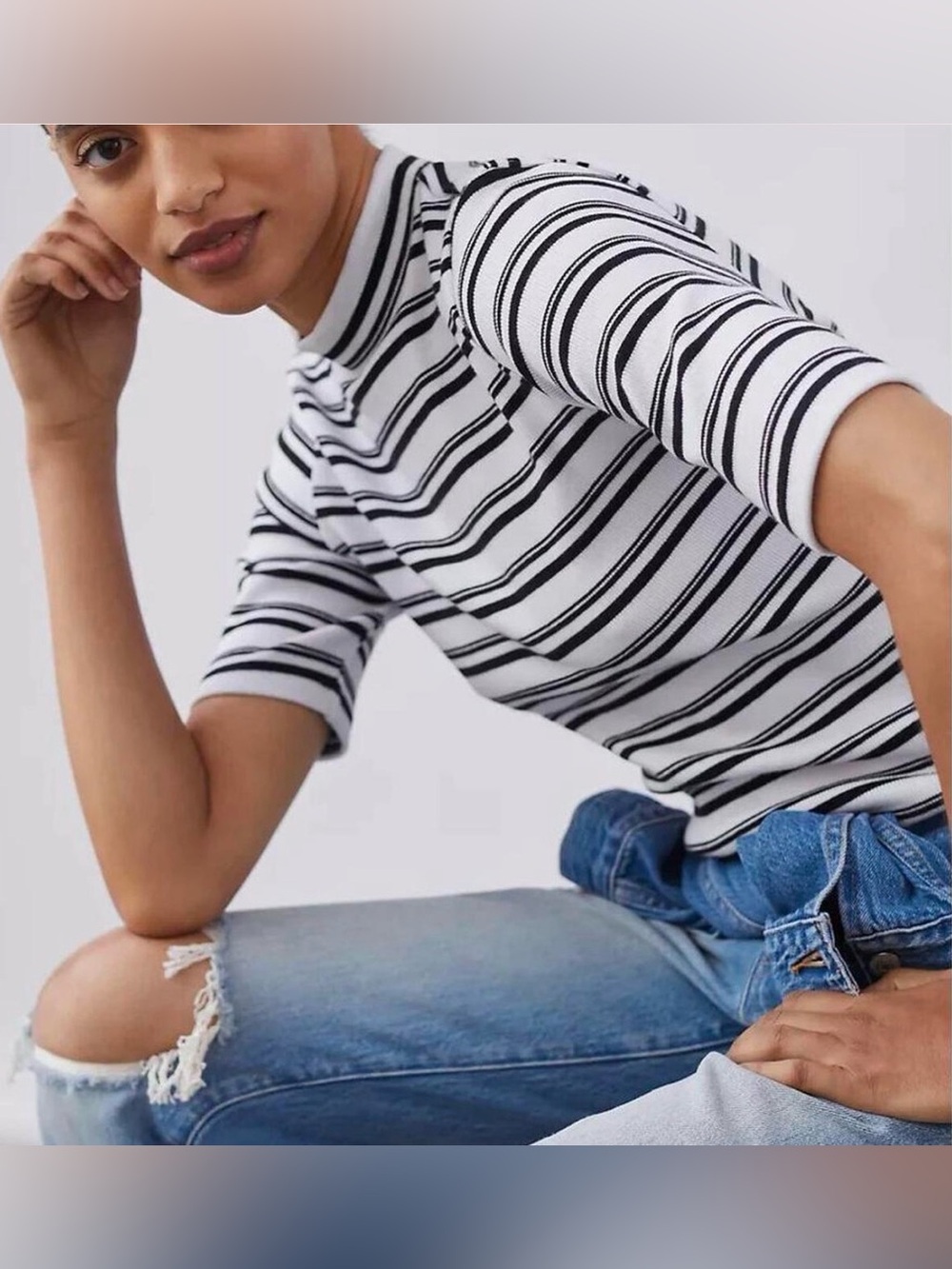 Maeve Anthro French Girl Striped Ribbed Minimalist Top Size S Parisian Preppy - Picture 3 of 6
